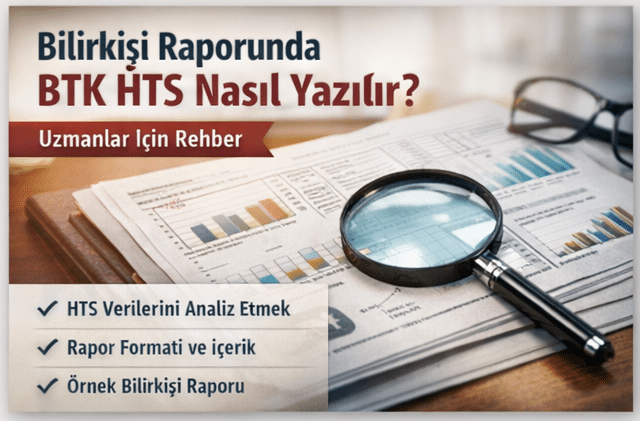 Turkish report cover: 'Bilirikşi Raporunda BTK HTS Nasıl Yazılır?' with magnifying glass over charts and a checklist on the left outlining analysis, format, and sample report functions.