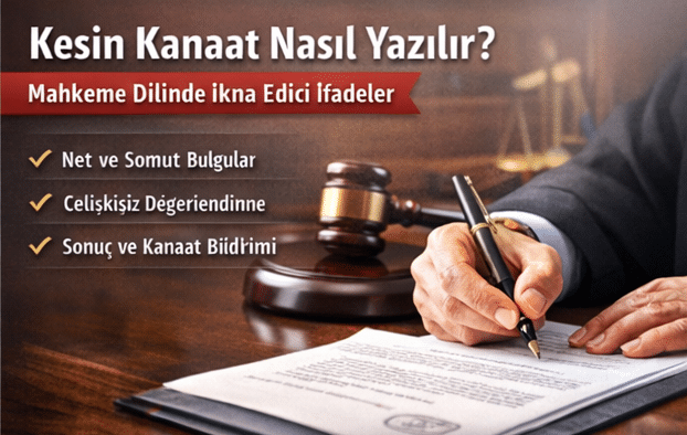 'Kesin Kanaat Nasıl Yazılır?' başlıklı Türkçe adli kılavuz; masa üzerinde belgeye imza atan el ve gavel (haber/öğretici görsel)